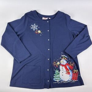 Quacker Factory Holiday Winter Knit Snap Up Cardigan Sz 1X Navy Blue Embroidered